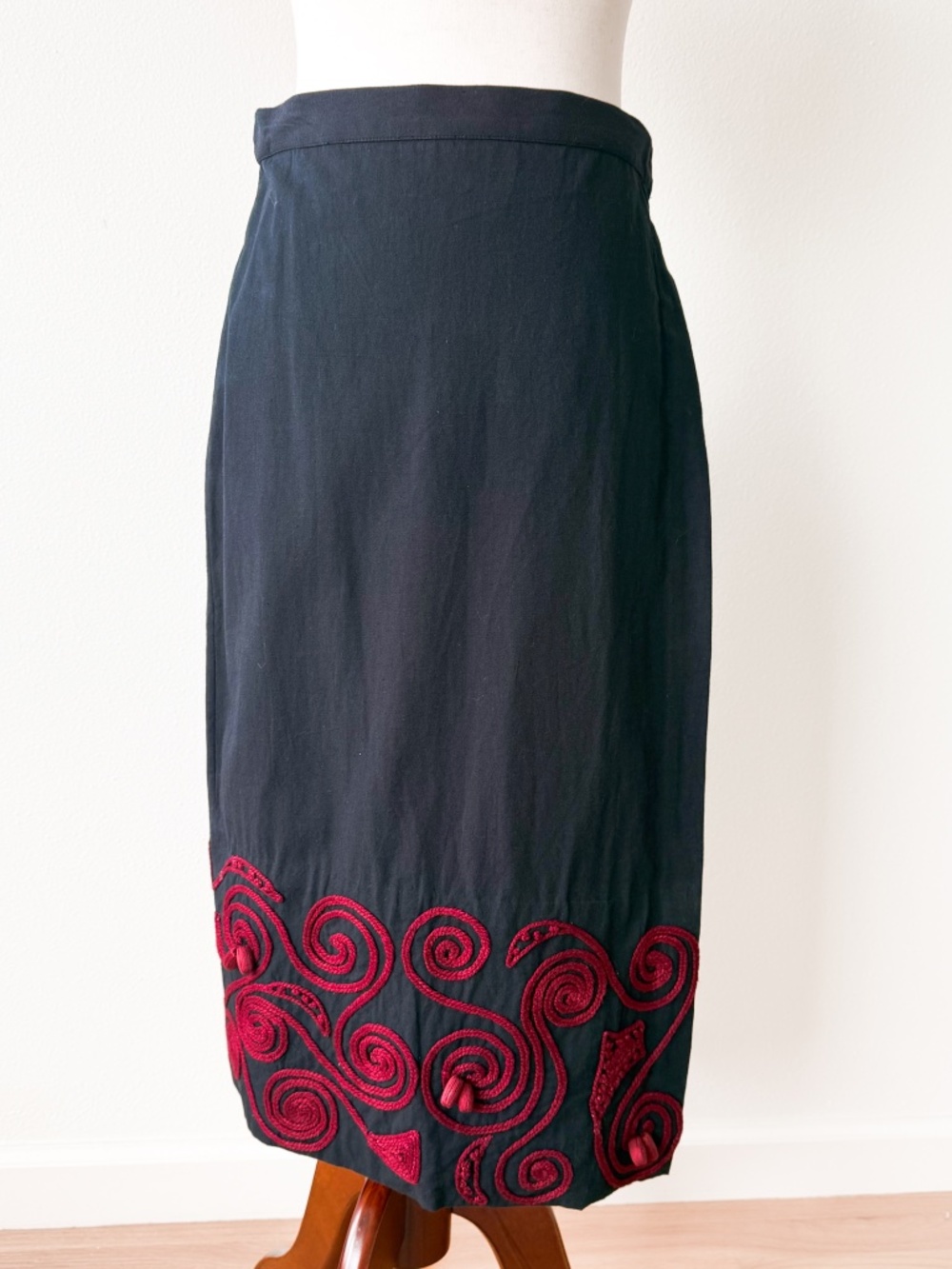 SUNO Black Midi Wrap Skirt with Red Cord Embroidery